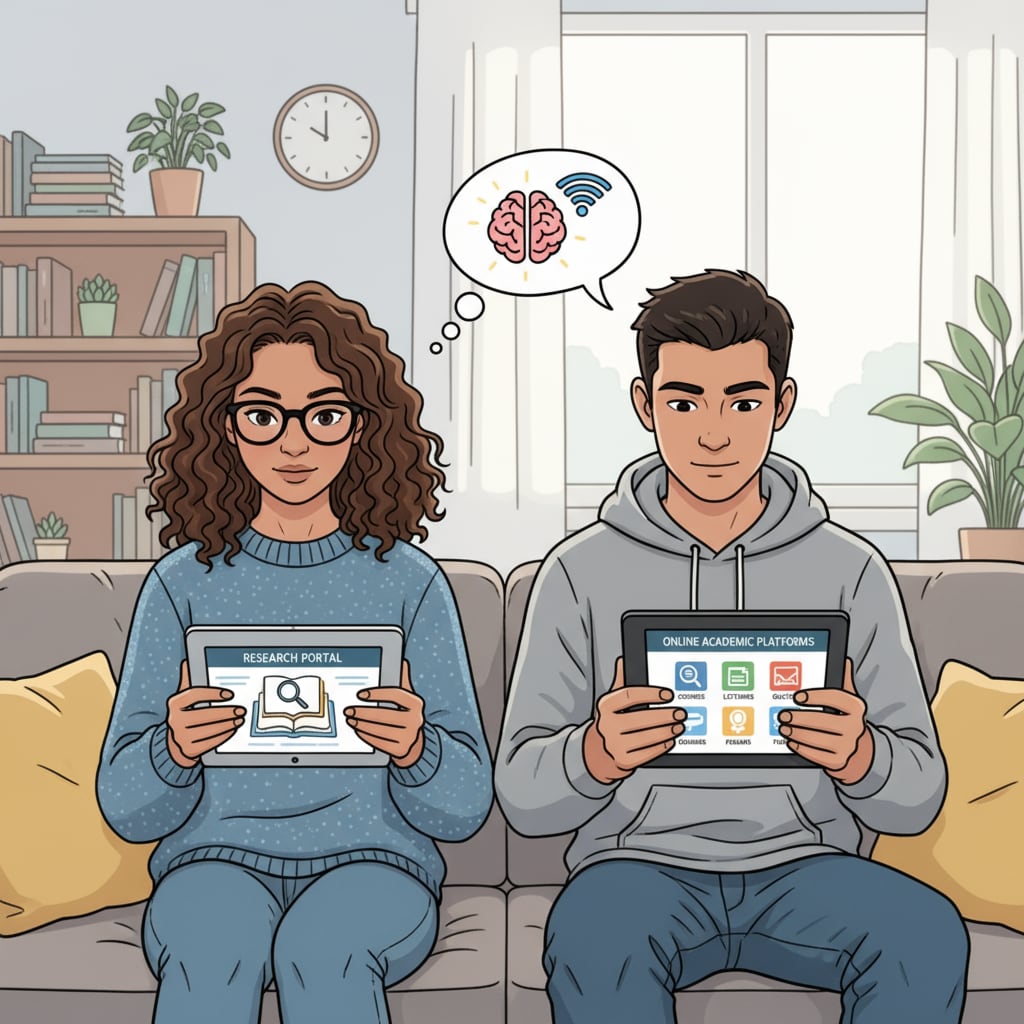 Two students are sitting on a couch, each using a tablet to access online academic platforms, showing their utilization of digital resources for learning. Students using online academic platforms for high school academic help, considering Brainly alternatives