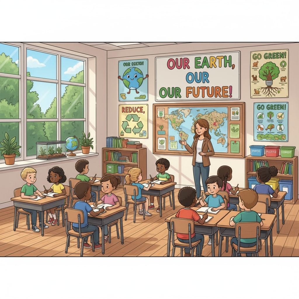 A K-12 classroom decorated with environmental education posters, creating an educational and inspiring atmosphere for students to learn about environmental protection. K-12 classroom with environmental education posters promoting climate change awareness and social change