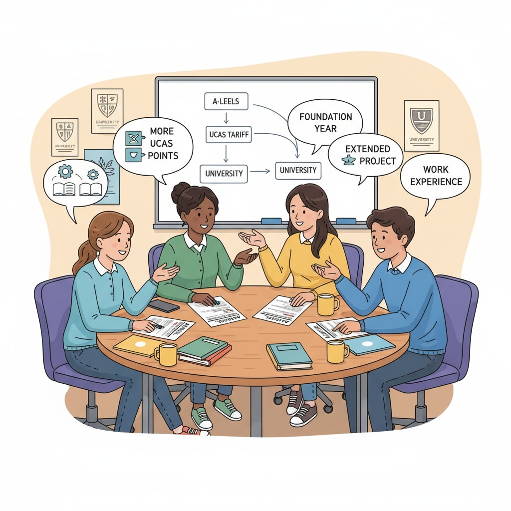 Students are sitting around a table, looking at A-Level result sheets and discussing how to get more UCAS points for foundation year courses. Students discussing A-Level results and UCAS points for foundation year courses