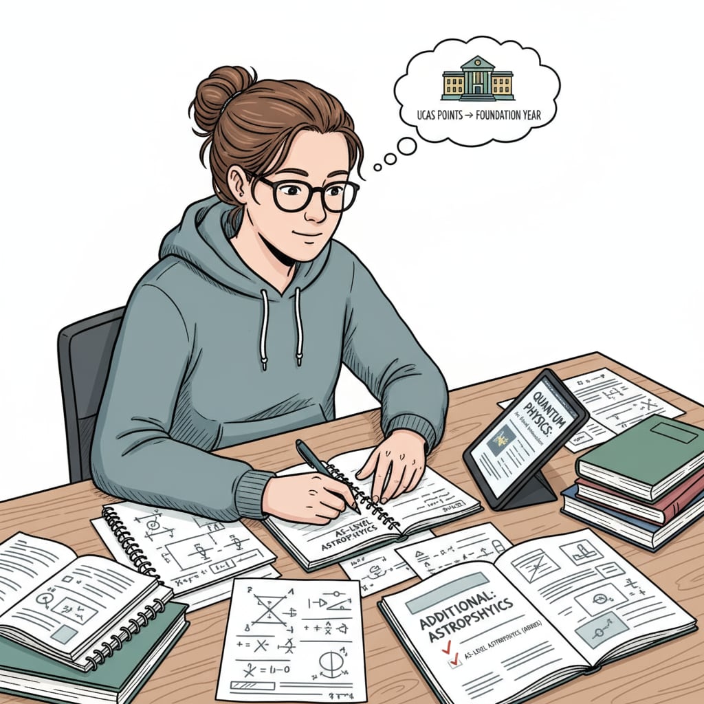 A student is sitting at a desk, studying materials for an additional AS-Level subject to earn extra UCAS points for their foundation year application. Student studying an additional AS-Level subject for UCAS points and foundation year