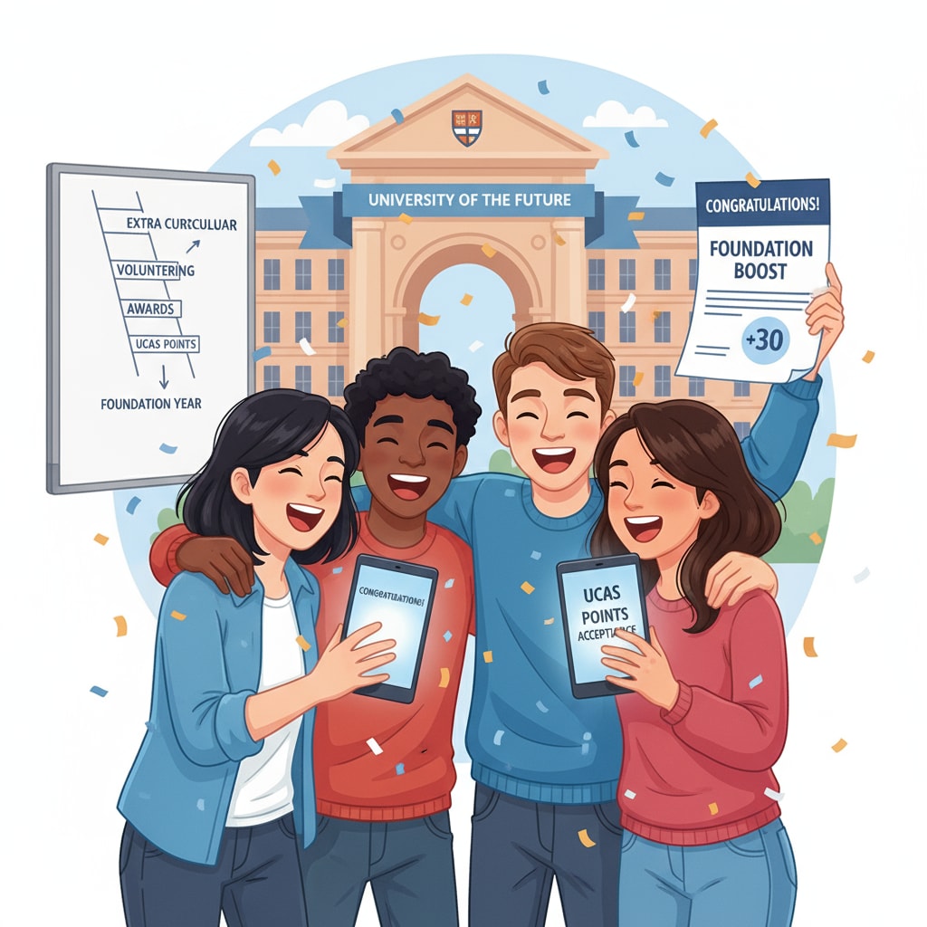 Students are cheering and hugging each other after receiving acceptance letters for foundation year courses, thanks to the extra UCAS points they earned. Students celebrating their acceptance into foundation year courses after earning extra UCAS points