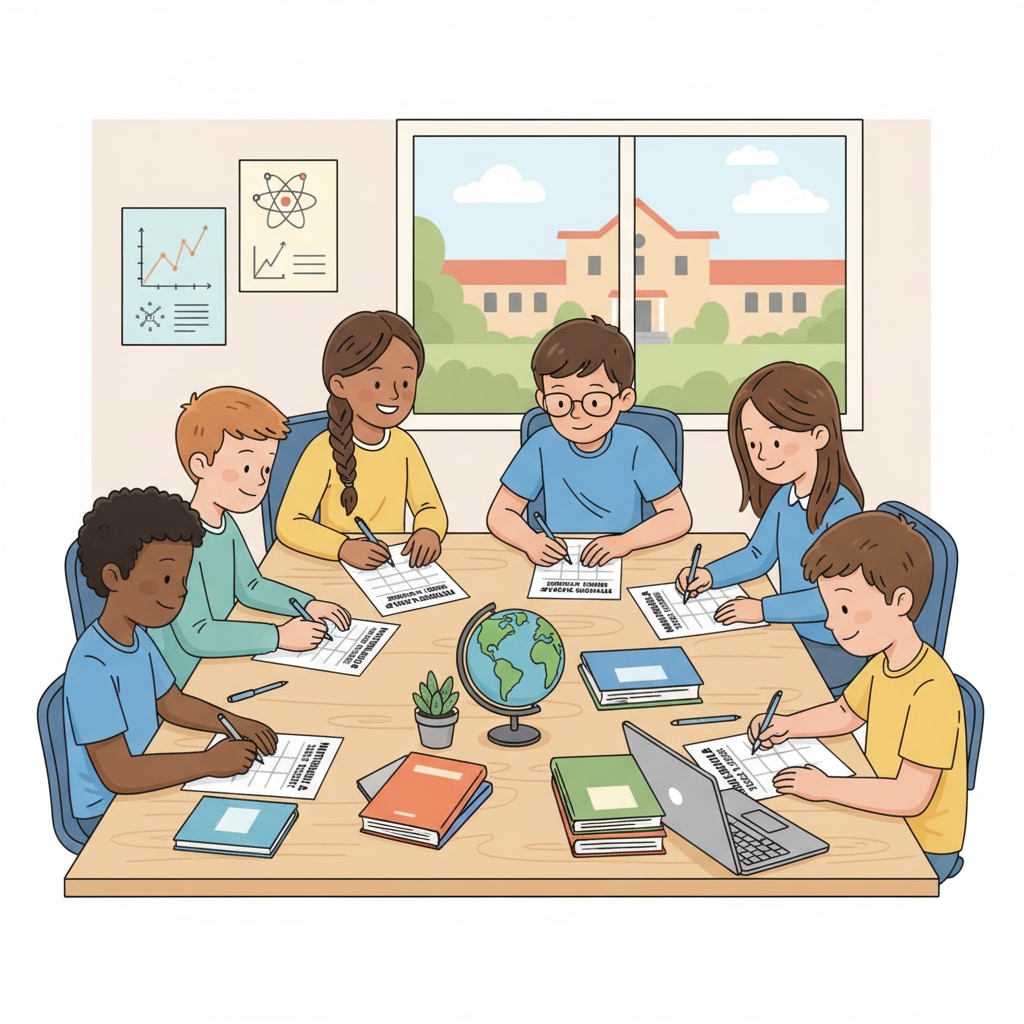 A group of K12 students are sitting around a table, discussing and writing down their internship and study schedules on papers, with pens in their hands. K12 students managing internship workload and academic balance through time management