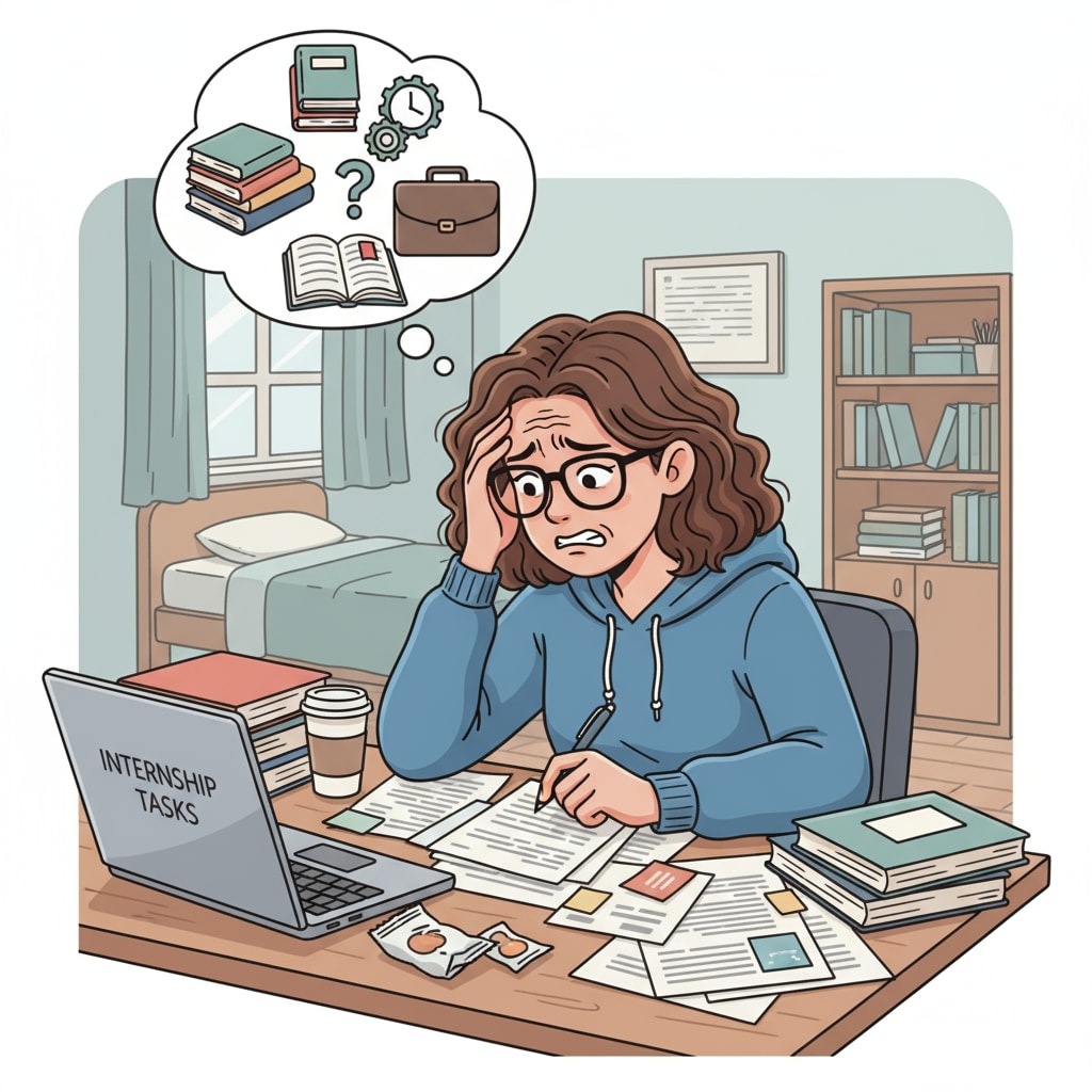 A young student is sitting at a desk, looking worried and frustrated. There are books, papers related to study and internship tasks scattered on the desk. Student under stress due to internship workload and academic balance challenges