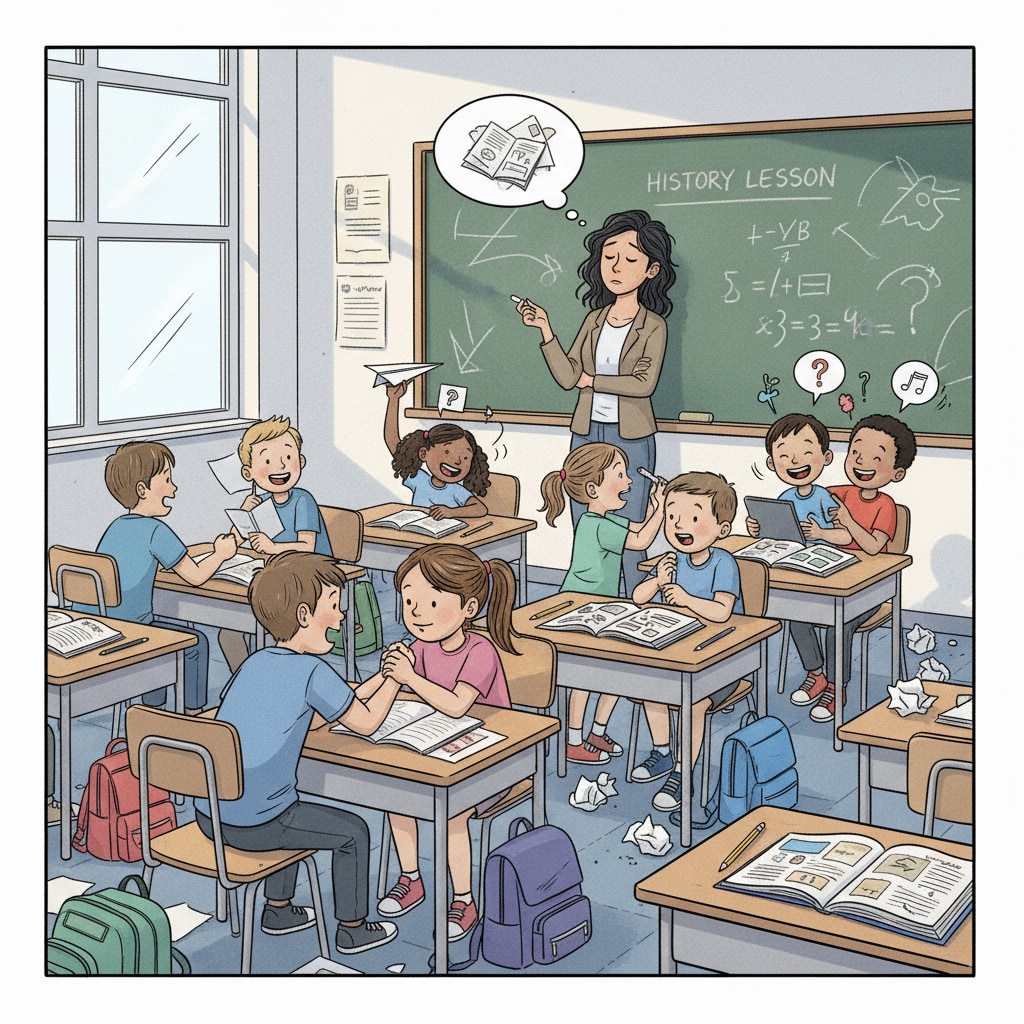 A teacher looking exhausted while students misbehave in the classroom. The teacher is standing at the front, looking frustrated as students talk loudly and ignore the lesson. A teacher facing student behavior problems and showing signs of workplace setbacks in the classroom.