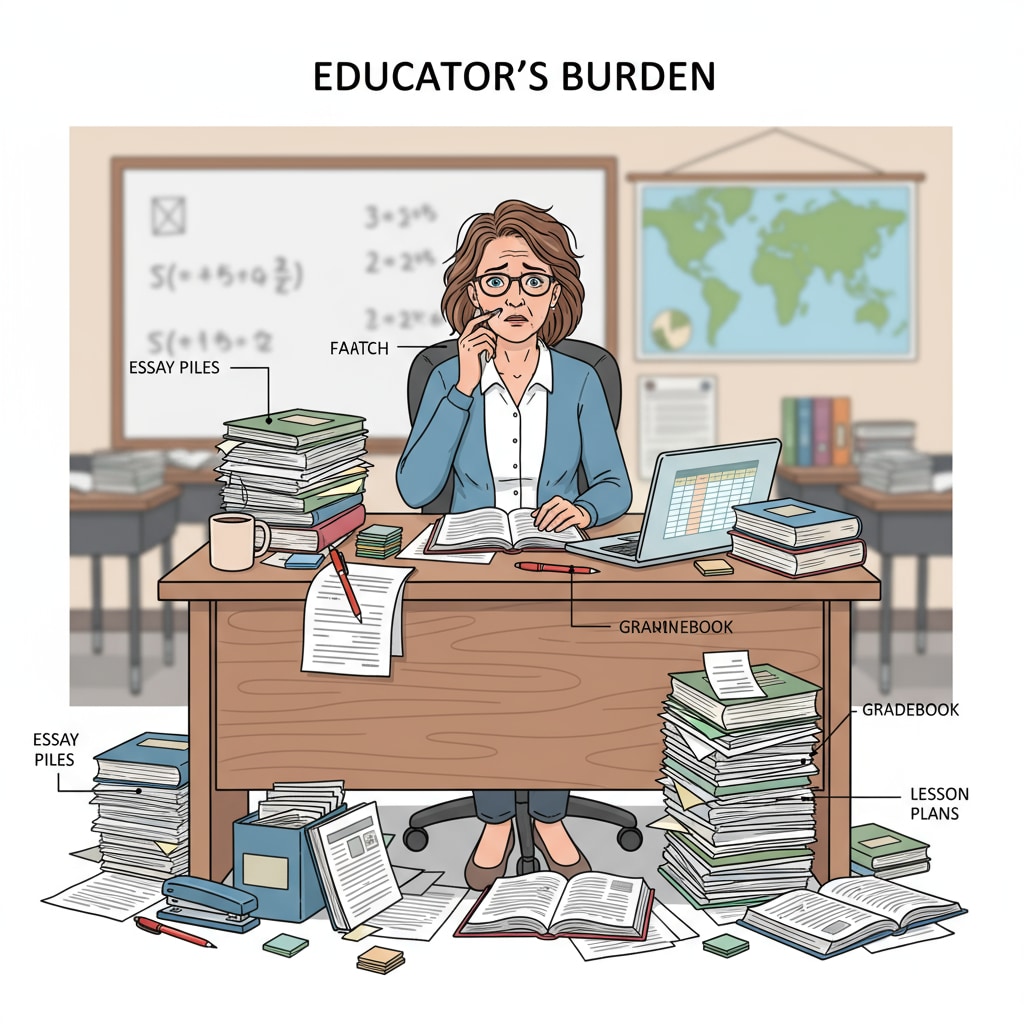 A teacher sitting at a desk, looking stressed with papers scattered around. The teacher has a worried expression and is surrounded by work materials. A teacher experiencing stress due to lack of support and workplace setbacks.