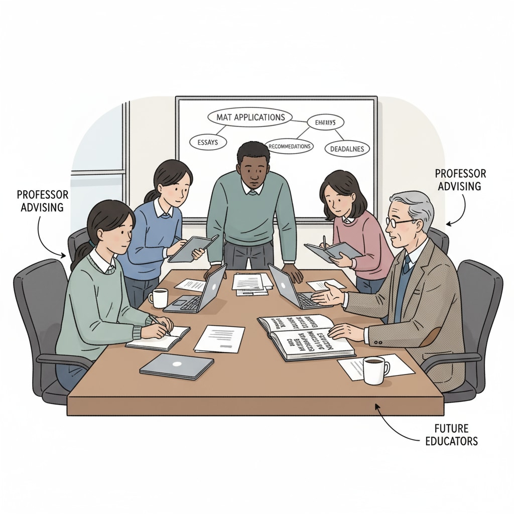 A group of teaching assistants is engaged in a discussion with a professor about their applications to MAT programs. They are sitting around a table, looking attentive as the professor shares insights. Teaching assistants discussing MAT program applications with a professor