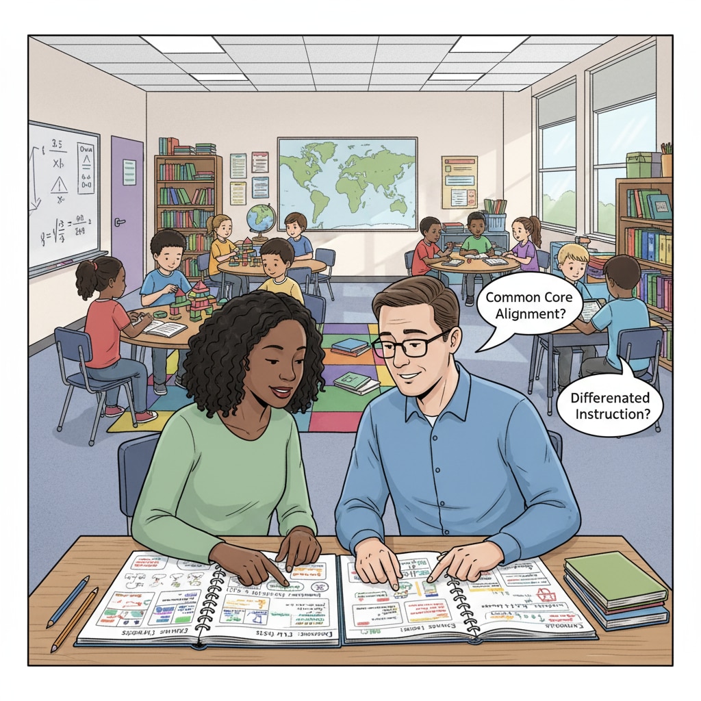 In a classroom setting, a teaching assistant is collaborating with a cooperating teacher. They are looking at lesson plans together, with students in the background working on tasks. Teaching assistant collaborating with a cooperating teacher in the classroom