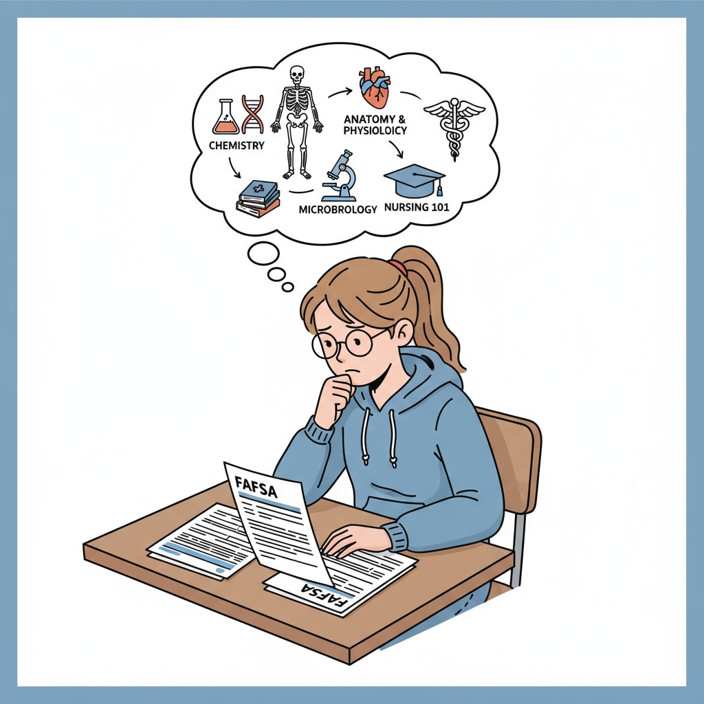 An illustration depicting a student examining FAFSA forms while contemplating nursing prerequisite courses. A student considering FAFSA for nursing prerequisites.