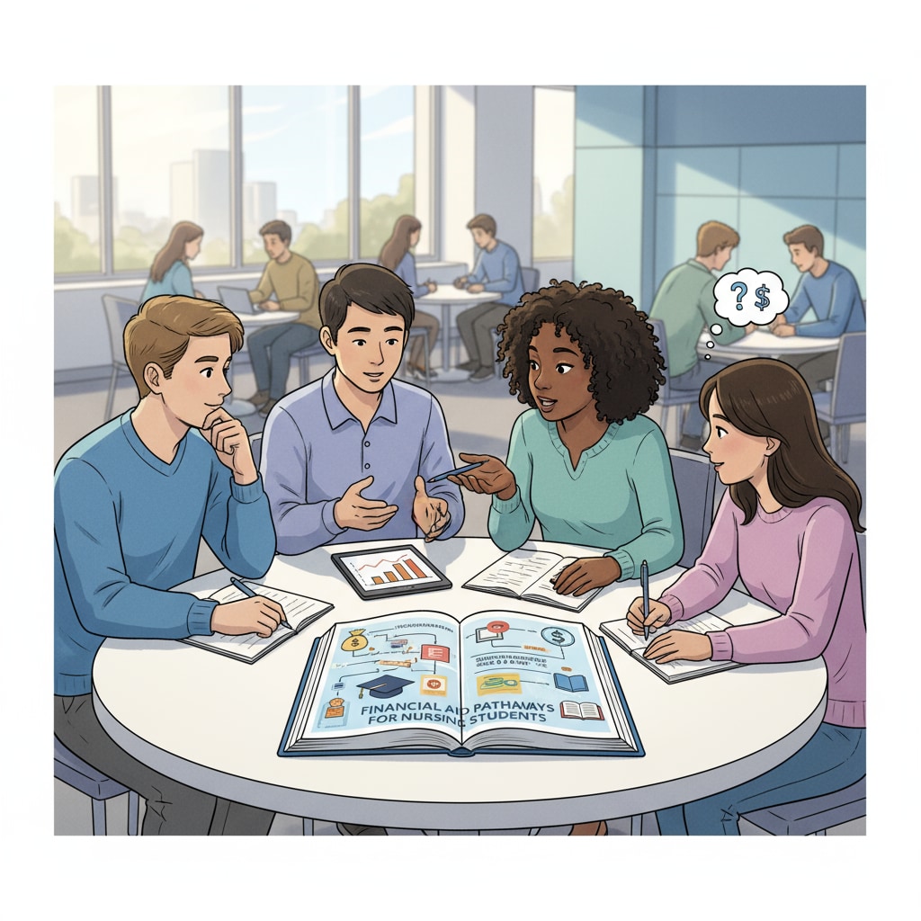 A visual showing a group of students engaged in a discussion about financial aid opportunities for nursing prerequisites. Students discussing federal aid for nursing prerequisites.