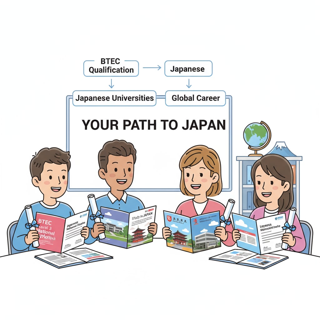 A group of students are looking at brochures of Japanese universities while holding their BTEC certificates, showing their interest in applying to Japanese universities. Students with BTEC certificates exploring Japanese university applications