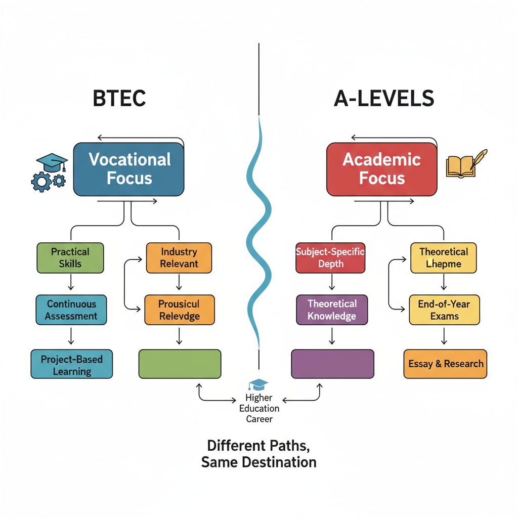 A visual comparison between BTEC and A-levels, highlighting the differences in their focus and structure. Comparison of BTEC and A-levels for Japanese university applications