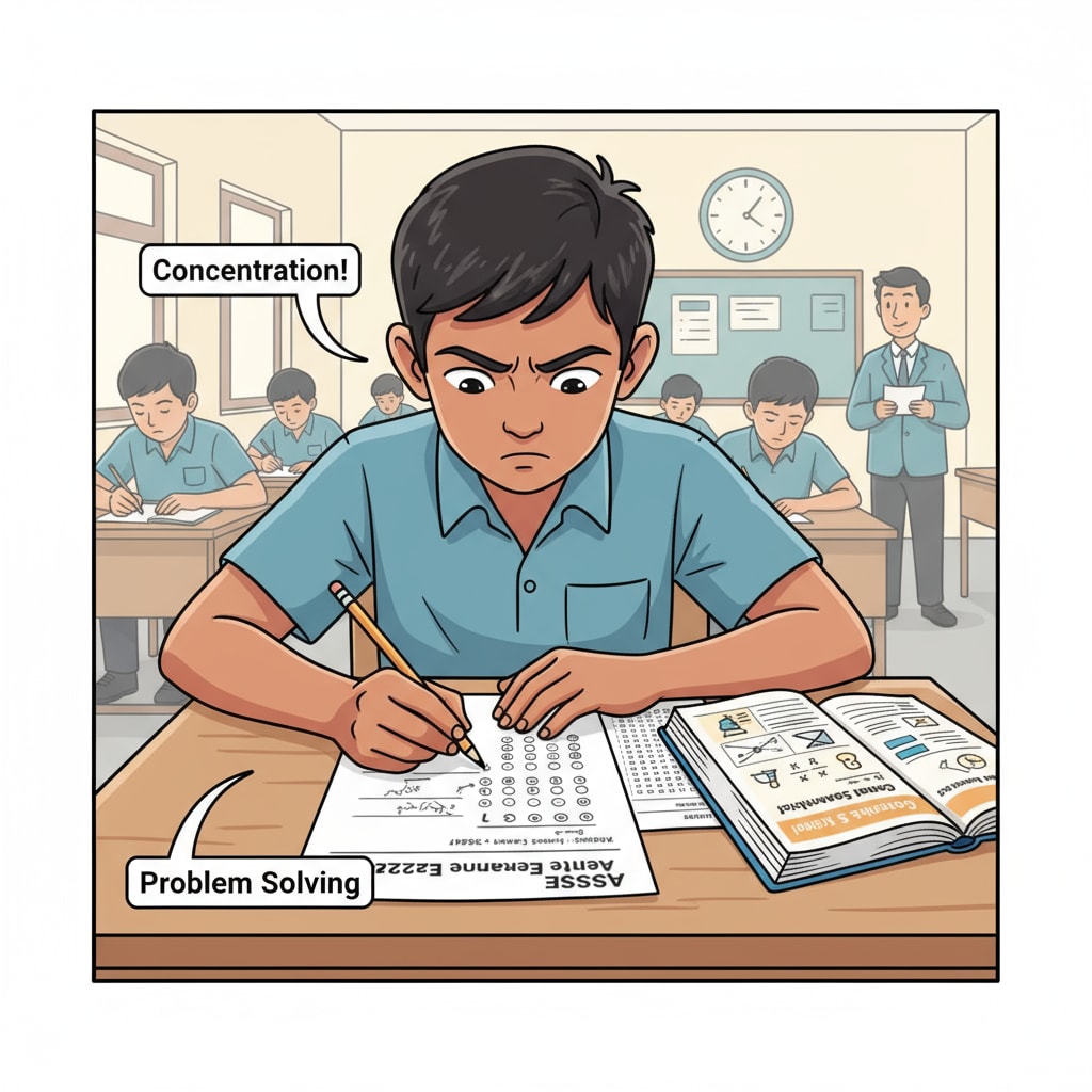 A student concentrating while solving exam questions, depicting the AISSEE exam scenario A student taking the AISSEE exam at Sainik School