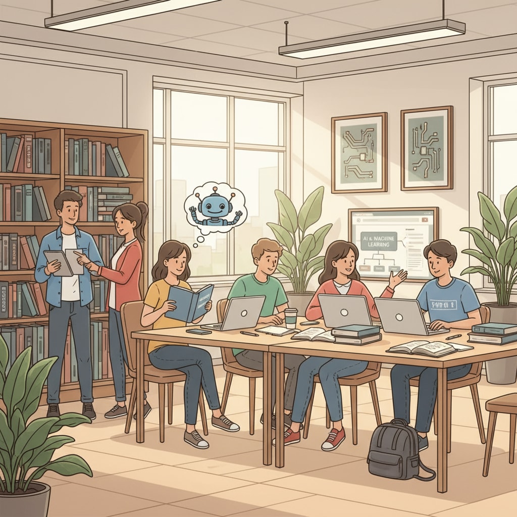 Students are sitting in a library, some are looking through books about IT majors, while others are typing on laptops, all engaged in the process of researching and choosing an IT major. Students researching IT majors for better career prospects in information technology