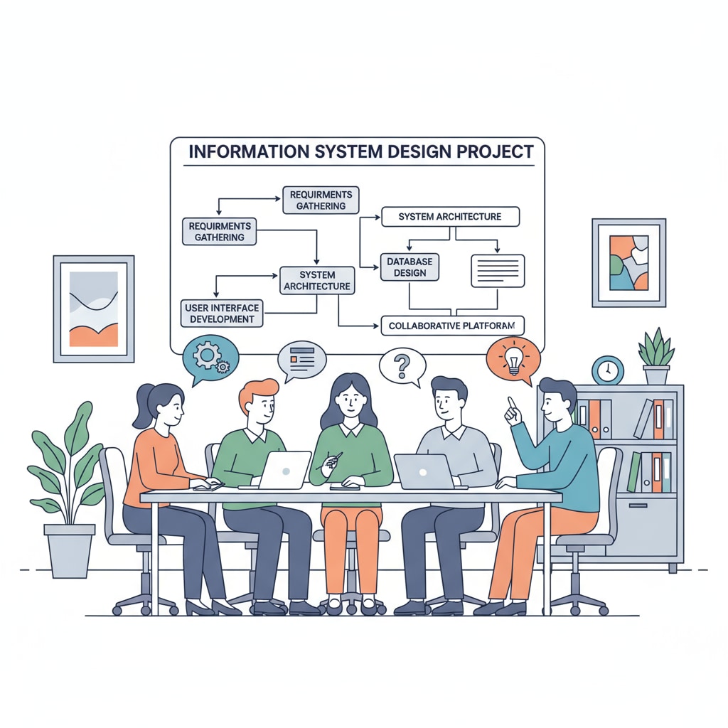 In an office environment, a group of people are gathered around a table. There are charts and diagrams on the wall related to the design of an information system project, indicating collaboration on an IT project. People collaborating on an information system project for better career prospects in information technology