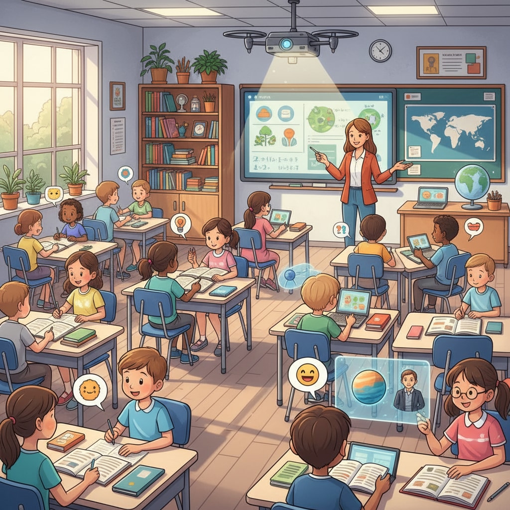A classroom filled with K12 students actively engaged in learning, with the teacher using modern teaching tools. K12 students in a modern learning environment related to teaching effectiveness, graduate programs, and curriculum design