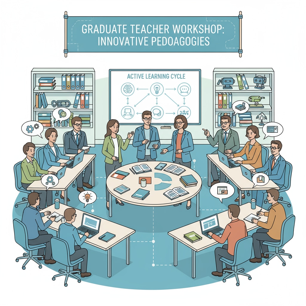 Teachers attending a graduate program workshop on modern teaching methods, discussing and sharing ideas. Teachers enhancing their skills in curriculum design through graduate programs for better teaching effectiveness