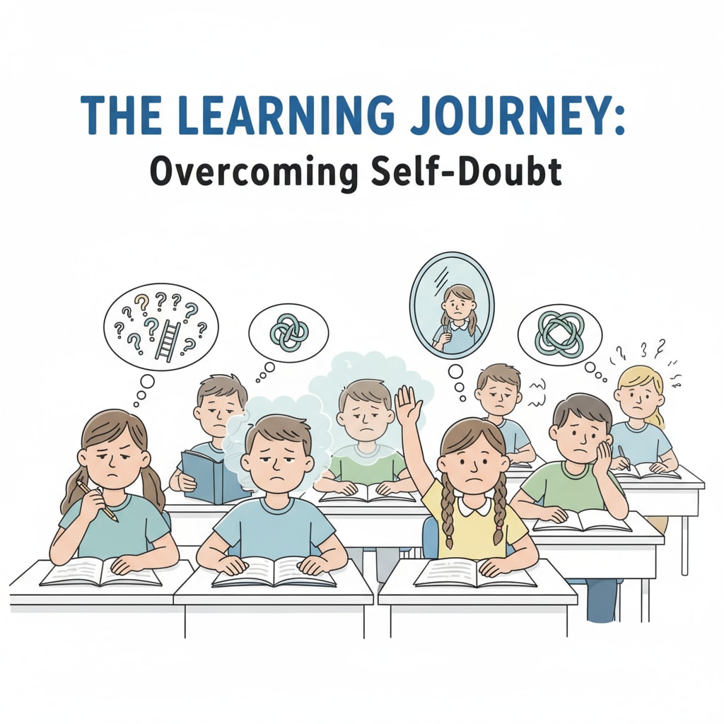A group of students in a classroom showing different expressions related to learning, some looking worried and some lost in thought, which reflects the inner state of students experiencing self-doubt during their learning process. Students in a classroom with expressions of self-doubt during learning experiences related to intellectual disability