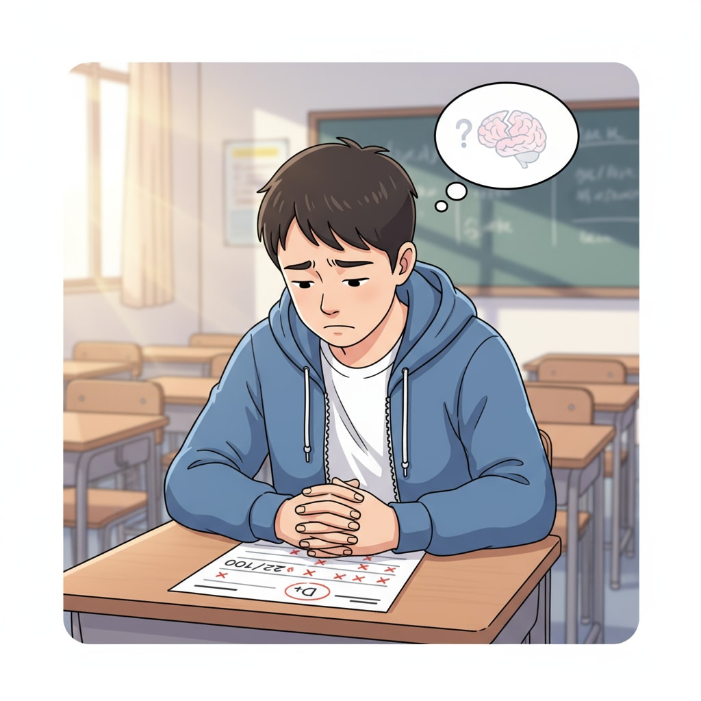 A single student sitting at a desk, looking at a test paper with a low score, showing a disappointed and worried expression, which represents the impact of poor academic performance on students' self-doubt about their intellectual capabilities. A student showing self-doubt about intellectual disability due to a poor test score in the learning experience