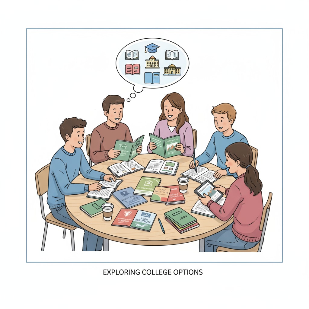 A group of high school students are sitting around a table, discussing and looking at brochures about different colleges. High school students discussing college options for university planning, major selection, and academic success