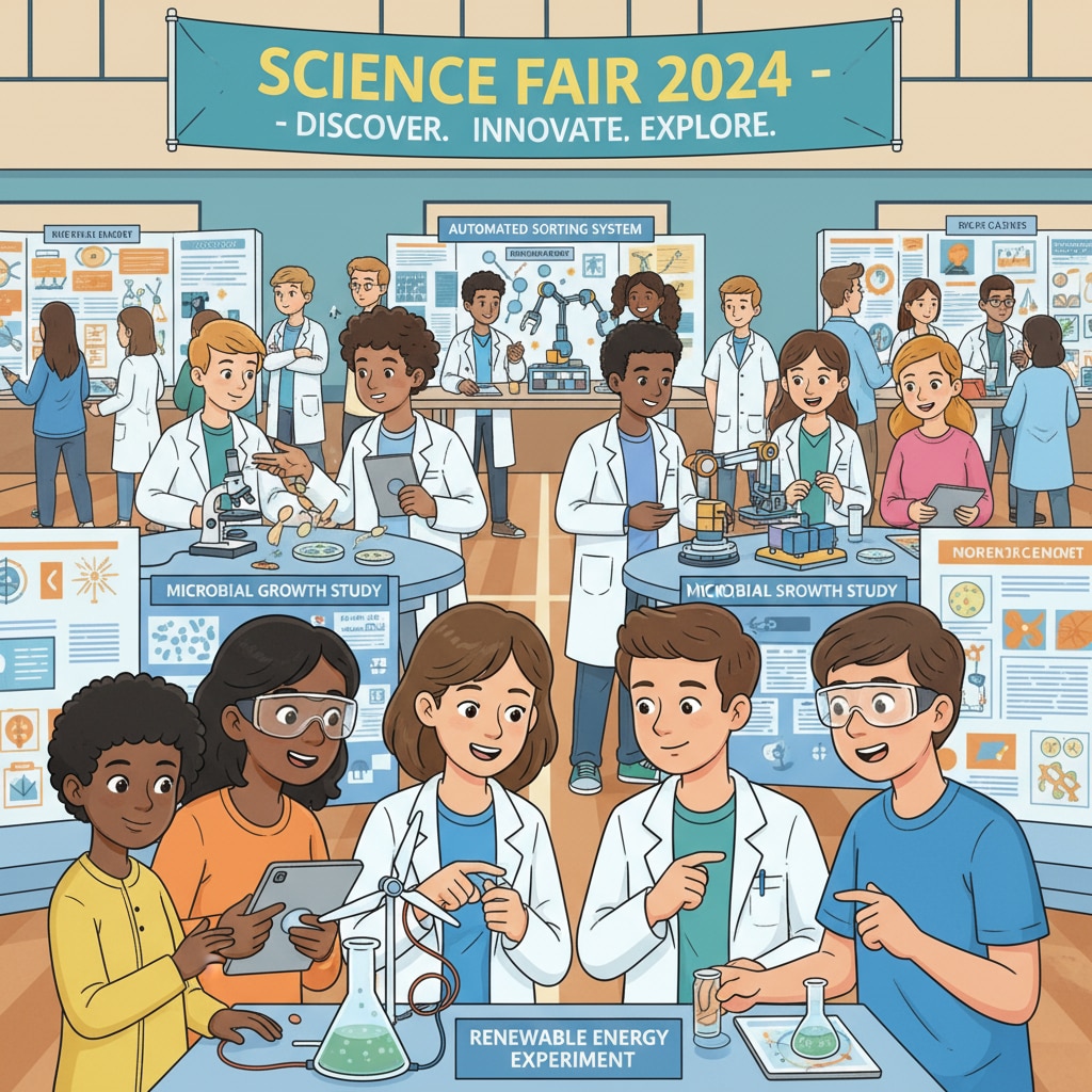 High school students are gathered around various science experiments at a science fair, showing their enthusiasm for academic exploration. High school students participating in a science fair related to university planning, major selection, and academic success