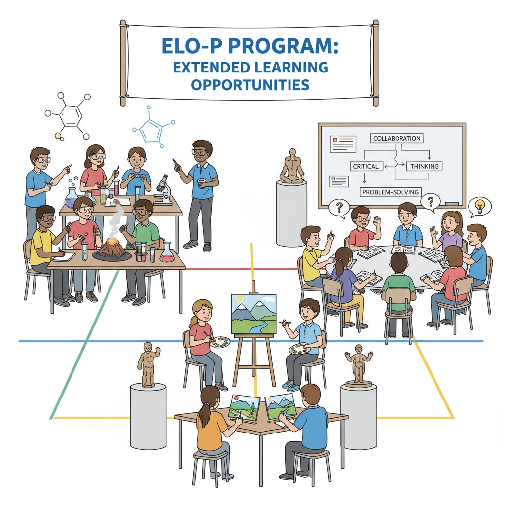 Students are engaged in various extended learning activities such as art, science experiments, and group discussions under the ELO-P program. Students participating in extended learning activities funded by ELO-P