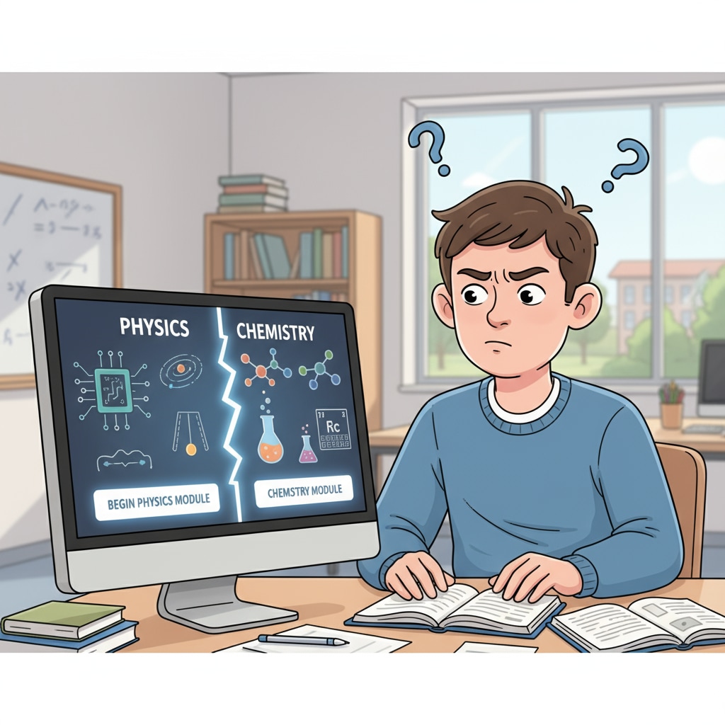 A high school student is sitting in front of a computer, looking at physics and chemistry learning materials on the screen with a confused expression, representing the choice dilemma in online learning. High school student choosing between physics and chemistry in online learning for the health field