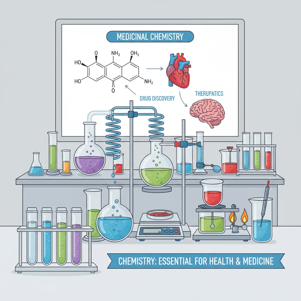 A laboratory setup with test tubes, chemicals, and some equipment, showing the importance of chemistry in the health field. Chemistry laboratory setup relevant to the health field in the context of online learning