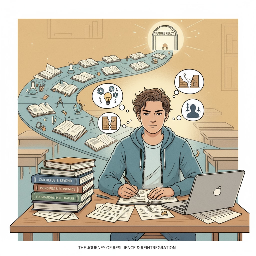 A young person sitting at a desk, looking determined, with books and papers around, symbolizing the journey of re-entering education after setbacks A determined student preparing for re-entry into education after academic failure and expulsion