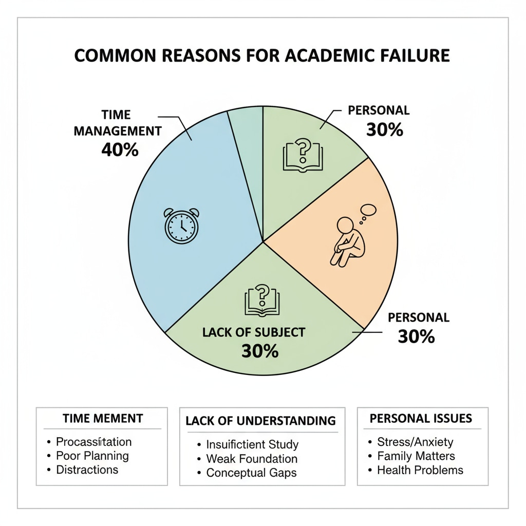 A graph showing the common reasons for academic failure, including time management, lack of subject understanding, and personal issues Graph depicting reasons for academic failure relevant to university expulsion and reapplication