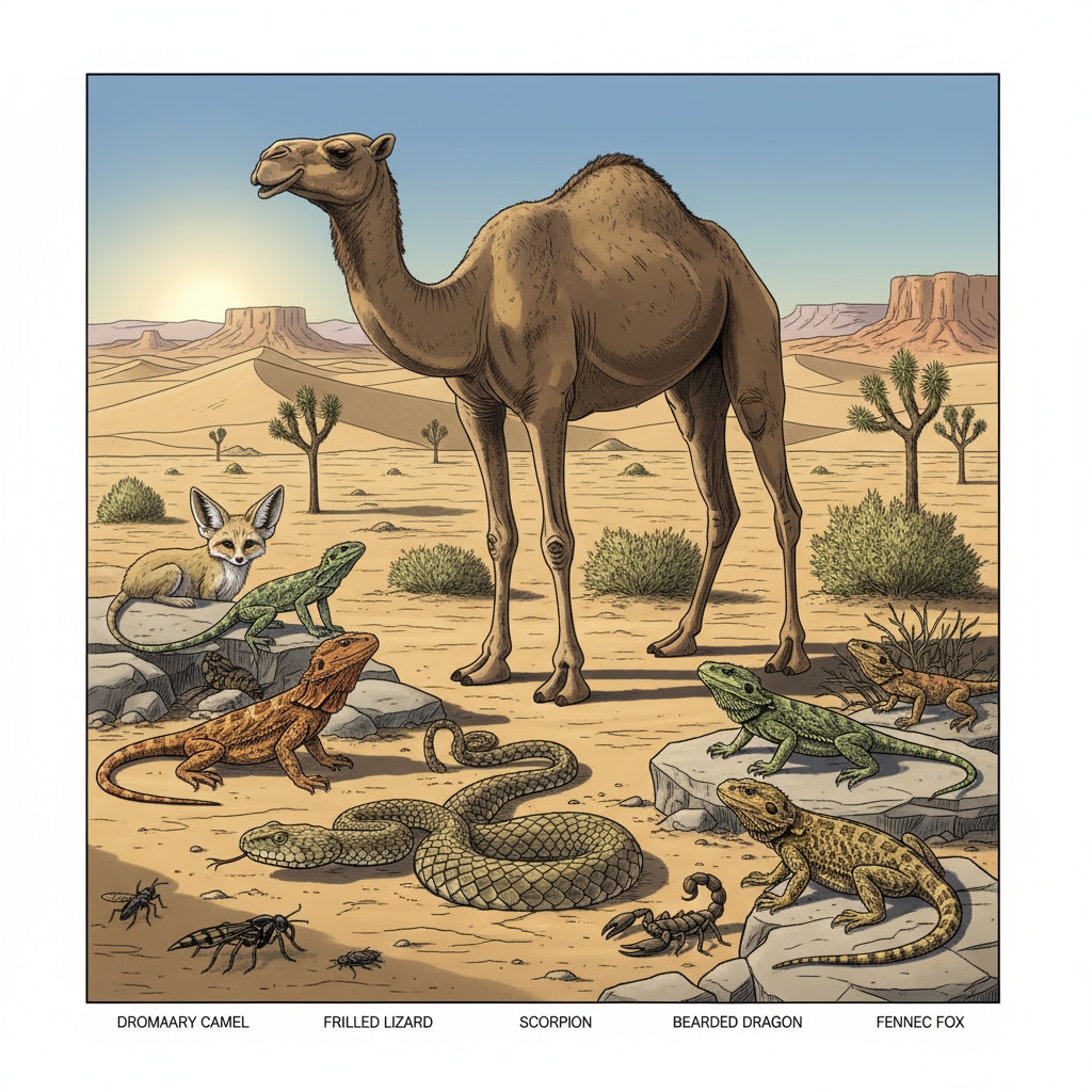 A group of various desert animals like camels, snakes, and lizards are shown in their natural arid desert habitat. Desert animals demonstrating their evolutionary adaptations and survival mechanisms in their natural habitat
