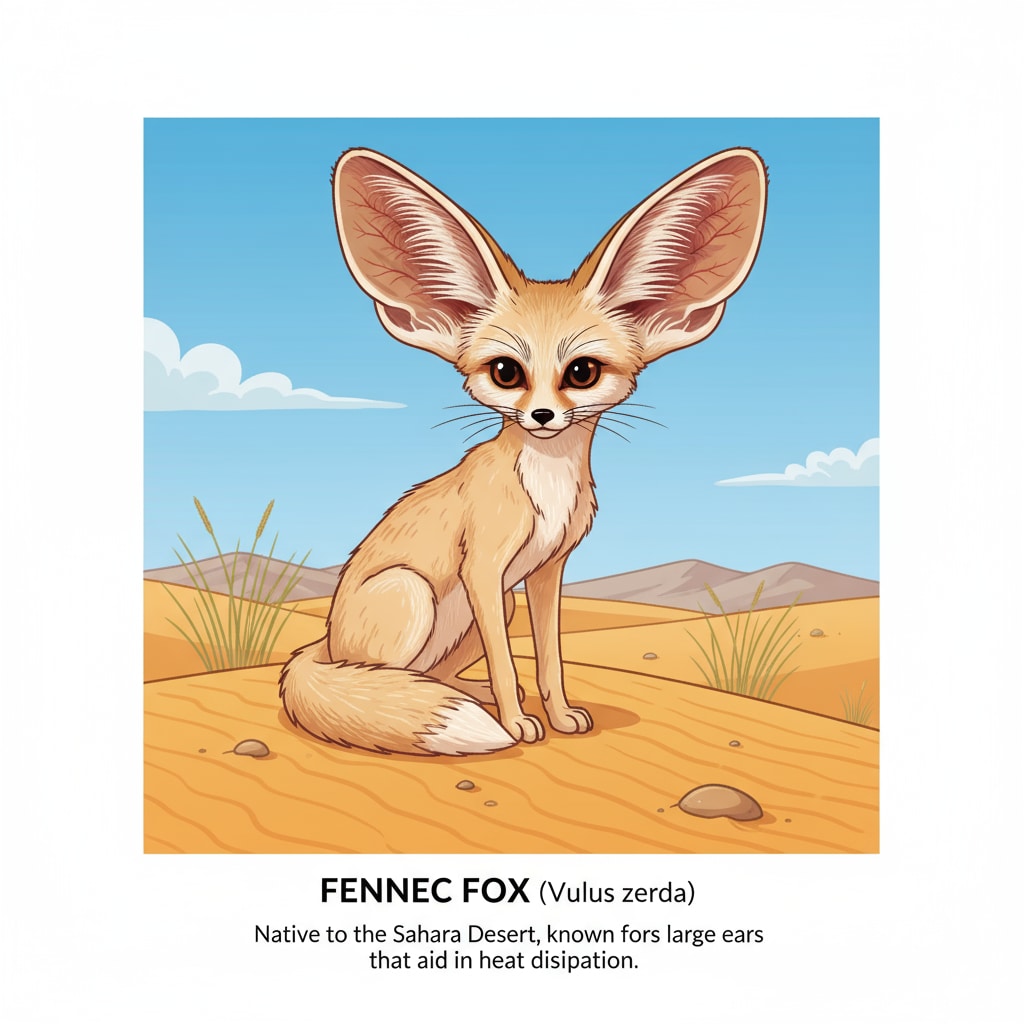 A fennec fox with its distinct large ears is pictured in the sandy desert landscape. Fennec fox showcasing its physical adaptation for survival in the desert