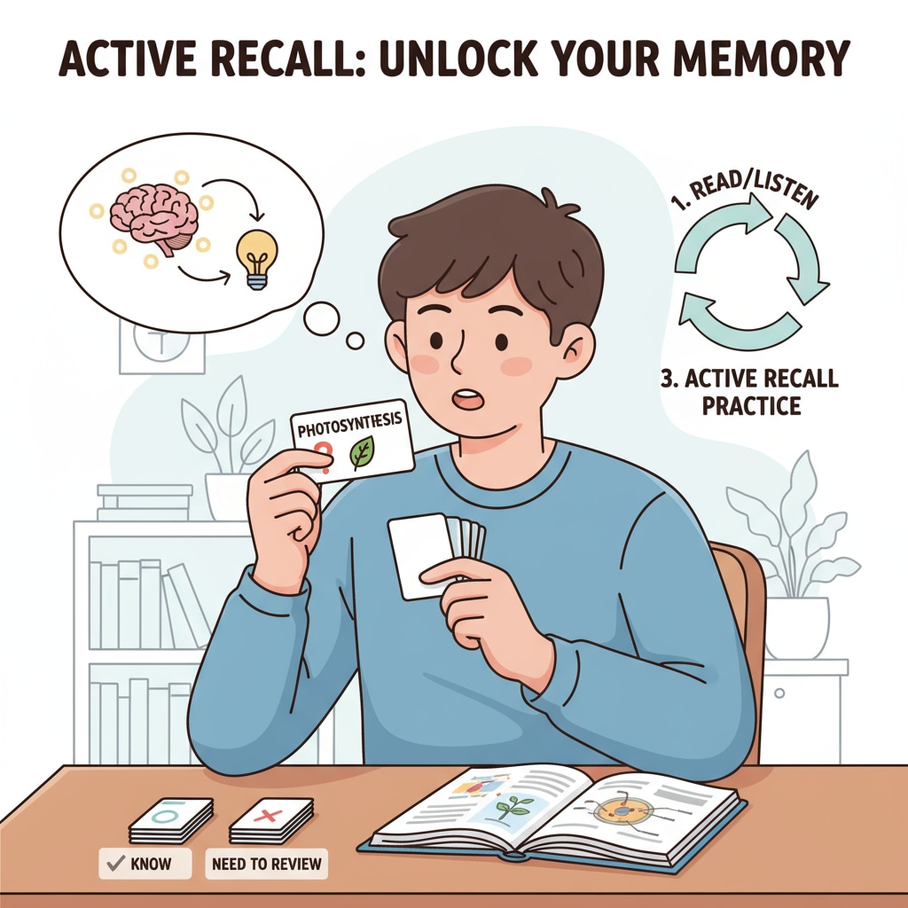 A student is sitting at a table, using flashcards to practice active recall. This image showcases the practical application of active recall in learning. Student using flashcards for active recall in K12 learning