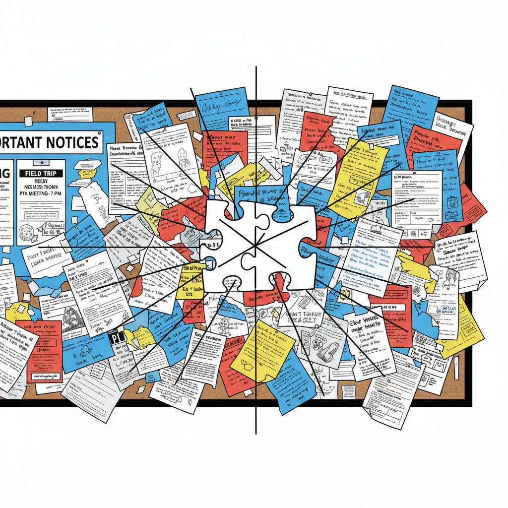A chaotic scene with papers of school notices and parent messages everywhere, symbolizing information fragmentation. Image showing the chaos of information in school-parent communication
