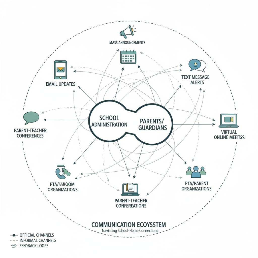 A diagram with various communication channels between schools and parents, highlighting the complexity. Diagram of different communication channels in school-parent communication