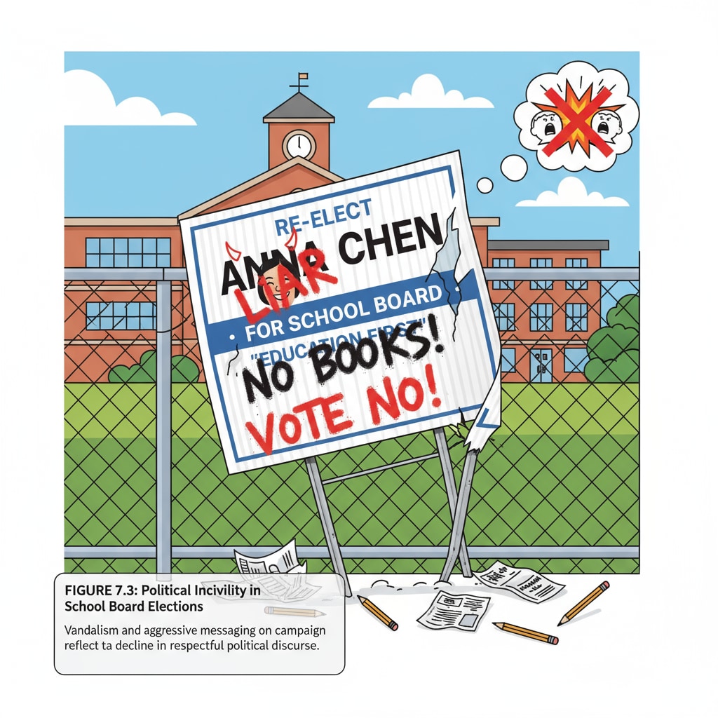A candidate's campaign sign being damaged, which is a manifestation of the campaign conflicts that occur during school board elections. This kind of behavior reflects the lack of political civility in such elections. A damaged campaign sign showing the campaign conflicts and lack of political civility in school board elections
