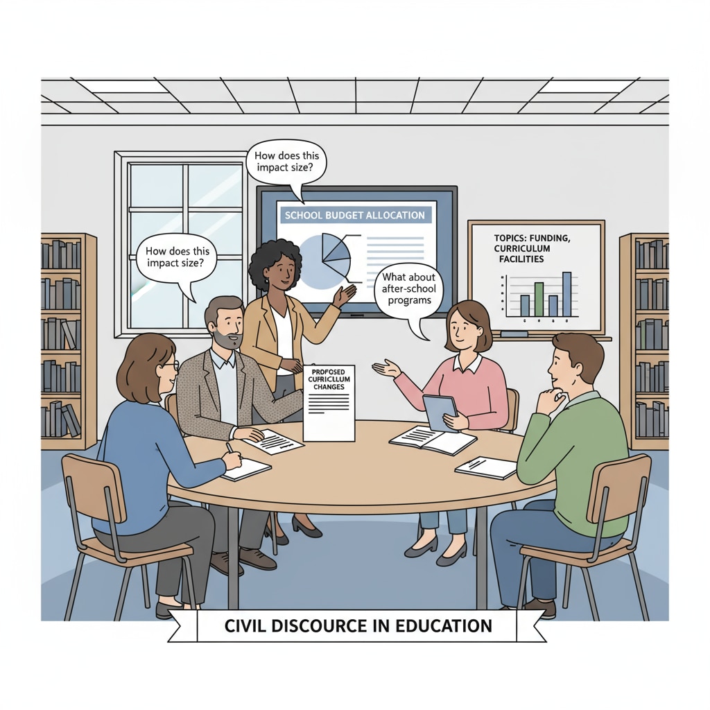 A group of people engaged in a civil discussion about school board policies. This represents the positive side of political civility in the context of education governance. People having a civil discussion about school board policies, highlighting the importance of political civility