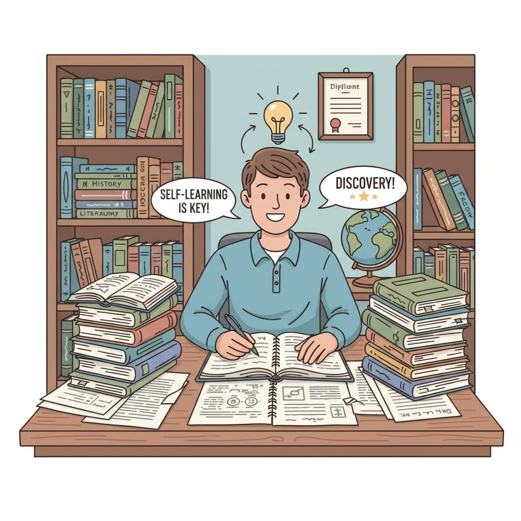 A student is sitting at a desk, surrounded by books and notebooks. The student is concentrating on reading and taking notes, which shows a positive attitude towards self-education. A student engaged in self-education activities related to high school learning improvement