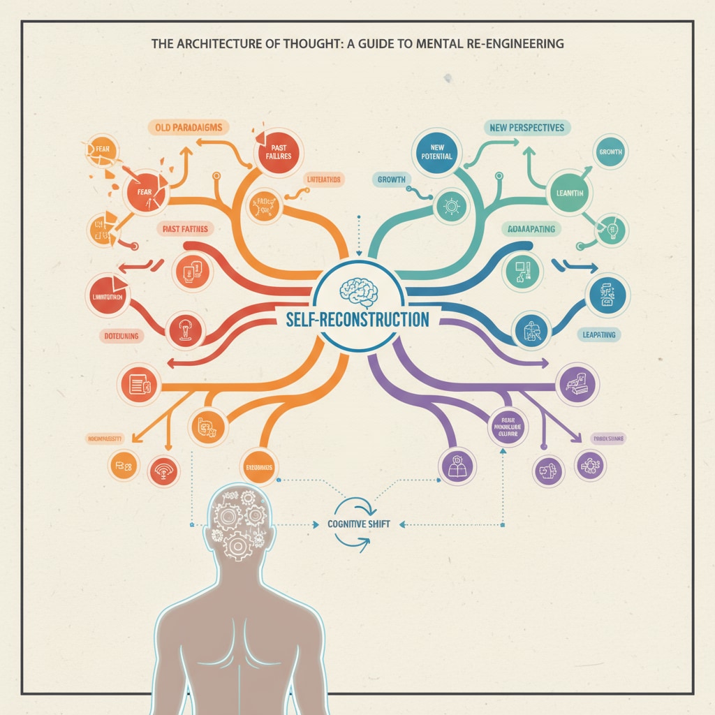 A person is looking at a mind map on the wall. The mind map has various branches representing different ideas and concepts, symbolizing the process of reconstructing cognitive perspectives. A person exploring cognitive reconstruction through a mind map in the context of high school self-education
