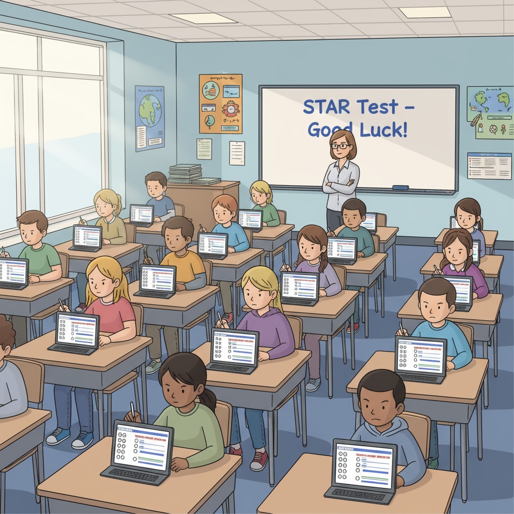 Students are concentrating on taking the STAR test in a classroom setting, with desks neatly arranged and the teacher observing. Students taking the STAR test in a classroom for academic assessment