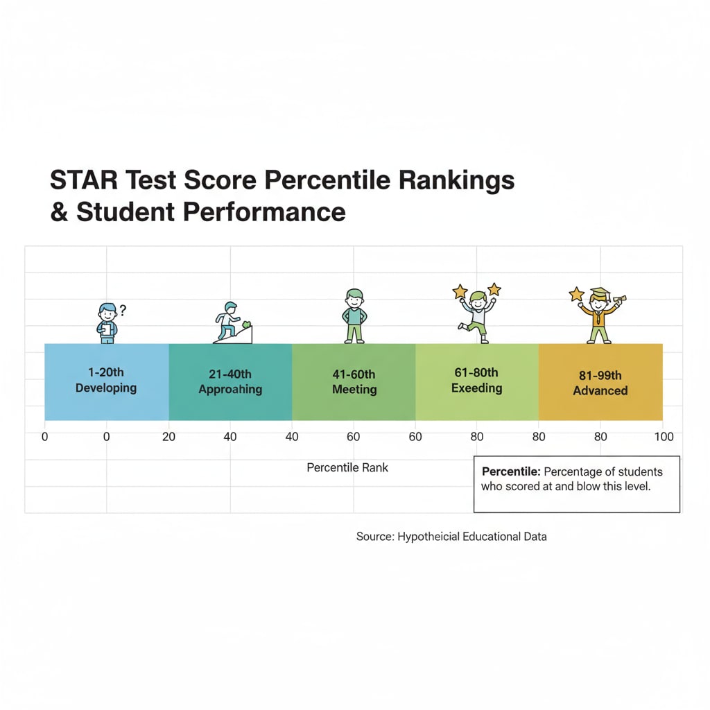 A graphical representation of percentile rankings of STAR test scores, showing different percentiles and how they relate to student performance. Graph showing percentile rankings of STAR test scores for academic evaluation