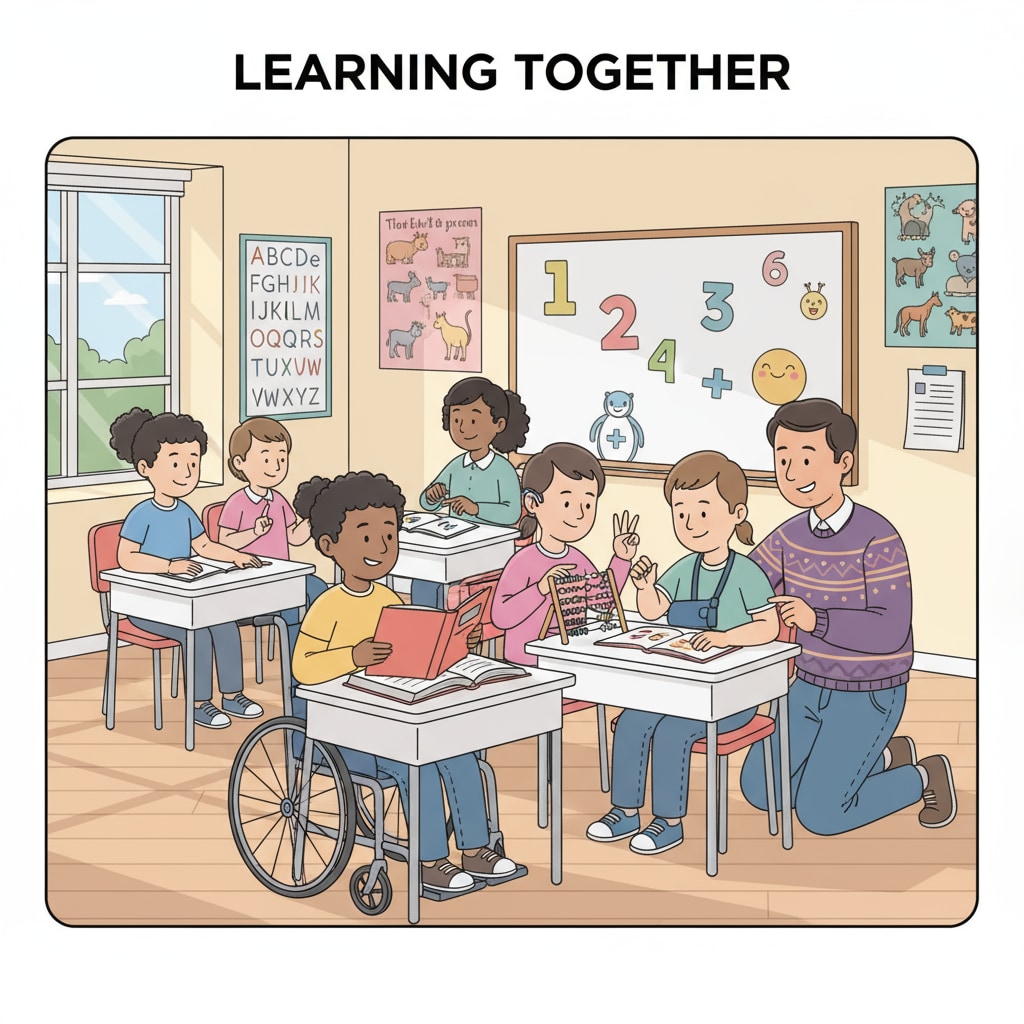 A group of students with disabilities are sitting at desks in a classroom. They are interacting with each other and with a teacher, engaged in educational activities like reading books and doing simple math exercises. Students with disabilities in a special education classroom during learning activities related to special education, government shutdown, OSERS