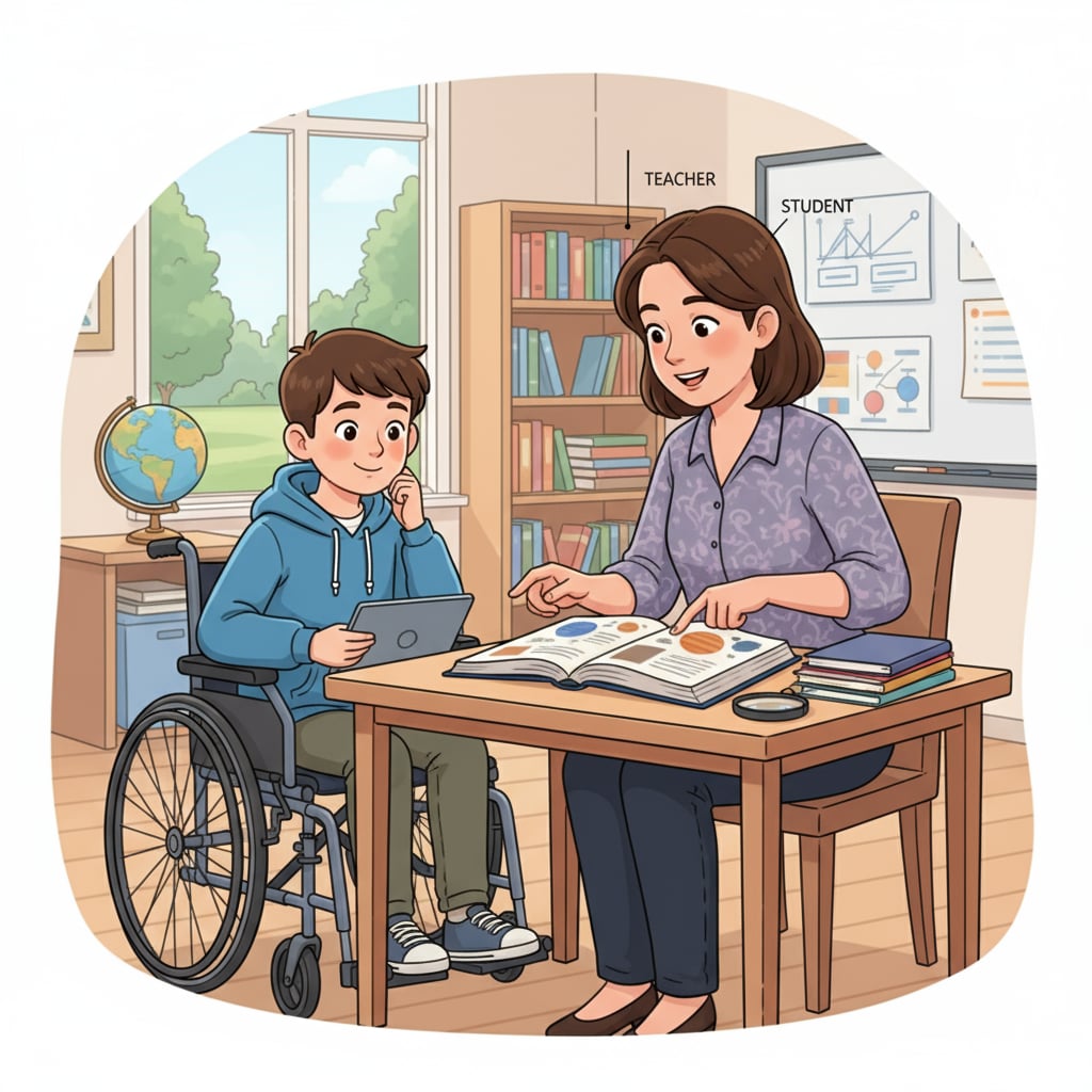 A teacher is sitting beside a student with a disability at a small table. The teacher is pointing at a book and helping the student understand the content, providing one-on-one tutoring support. A teacher assisting a student with a disability in a one-on-one tutoring session relevant to special education, government shutdown, OSERS