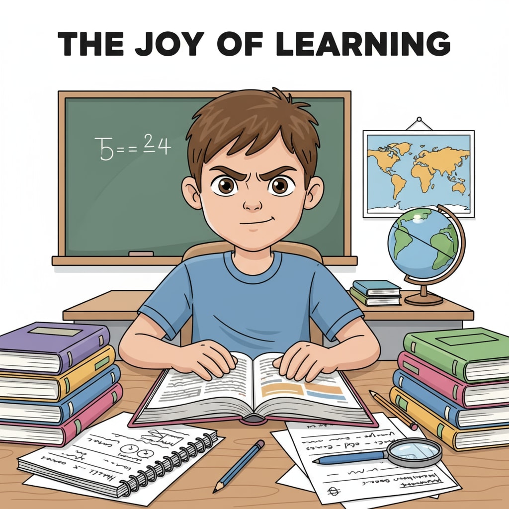 A student is sitting at a desk, with books and papers spread out. The student has a determined look on their face, indicating a strong will to study and improve. A determined student studying to overcome high school educational deficiencies and acquire key skills