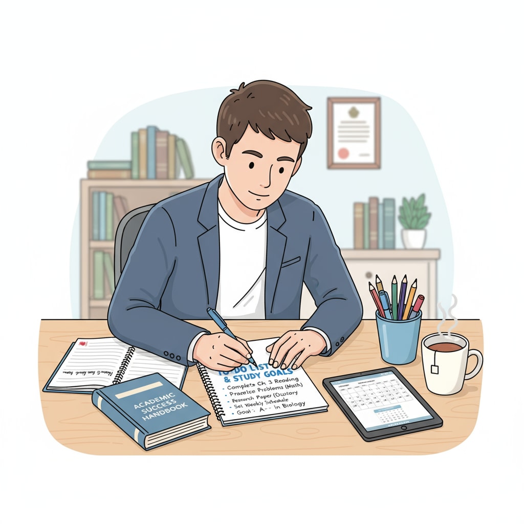 A person is sitting at a table, writing a to-do list and setting study goals. There are notebooks and pens nearby, showing their intention to organize their study time effectively. A person taking steps to address high school performance issues by setting study goals