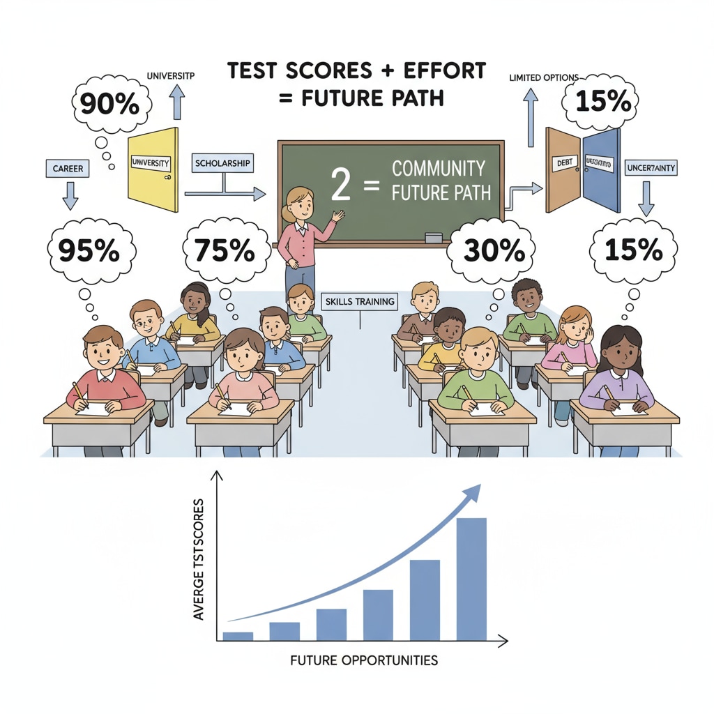 A classroom scene with students taking a test, which shows the influence of test scores on education. Classroom scene of students taking a test related to education funding, test scores, and 'No Child Left Behind'