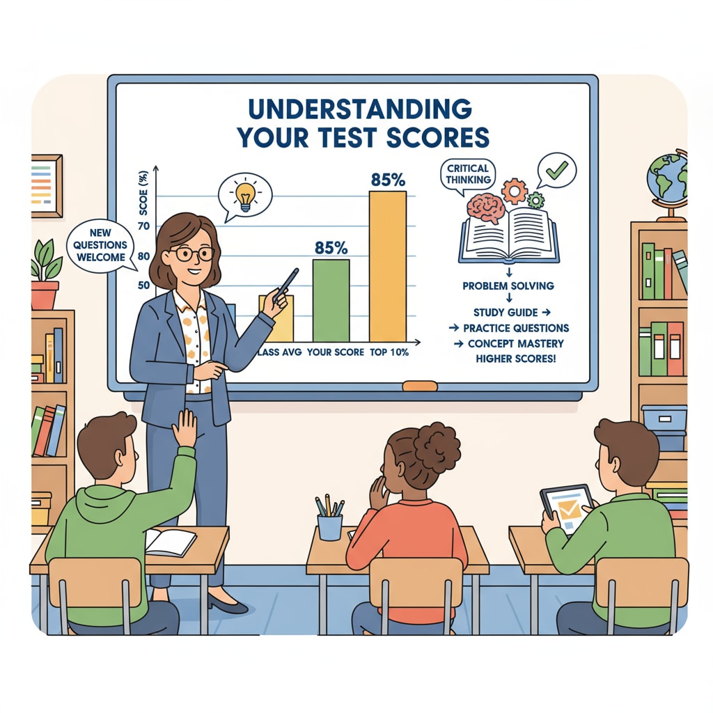 A teacher explaining test-related content to students, highlighting the focus on test scores. Teacher explaining test content to students in the context of education funding, test scores, and 'No Child Left Behind'