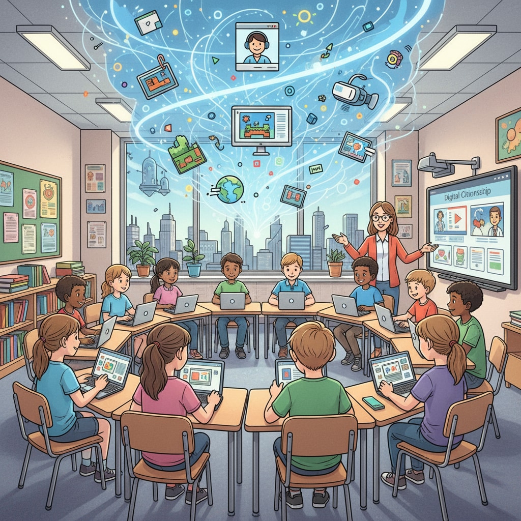 A group of K12 students looking at digital devices in a classroom setting, showing the allure of the digital world they are exposed to. K12 students in the digital age influenced by the attention economy and tech industry