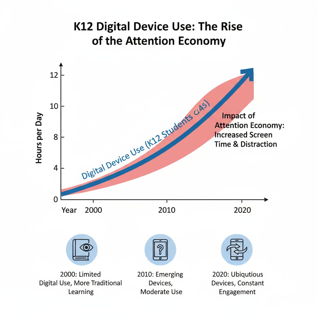A graph depicting the increasing time spent by K12 students on digital devices, highlighting the impact of the attention economy. Graph showing the rise in K12 students' digital device usage due to the attention economy and tech industry