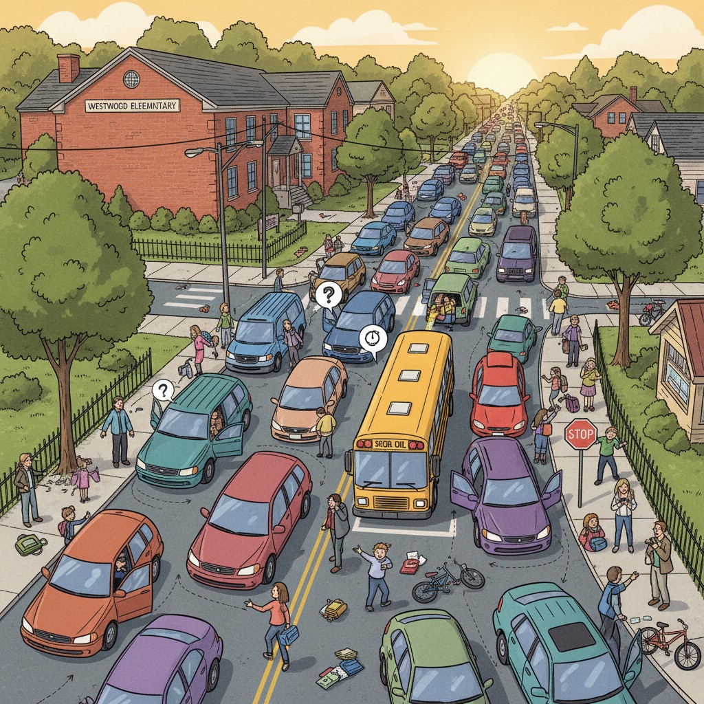 A chaotic scene of vehicles during school pickup and drop-off in a small town. Cars are parked randomly, and traffic is at a standstill. School pickup and drop-off traffic congestion in a small town