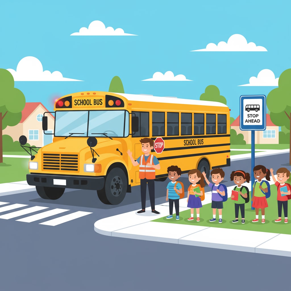 A school bus waiting at a designated stop. The bus is clean and ready to pick up or drop off students. School bus at a stop for student pickup and drop-off